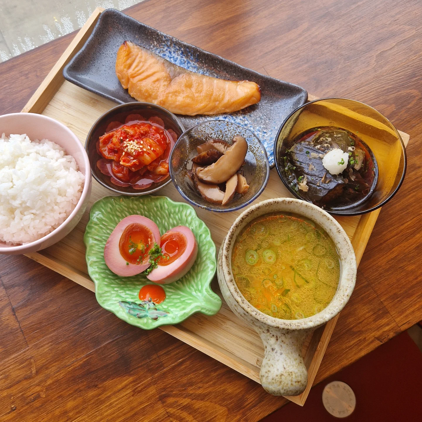Salmon set meal with rice and small sides