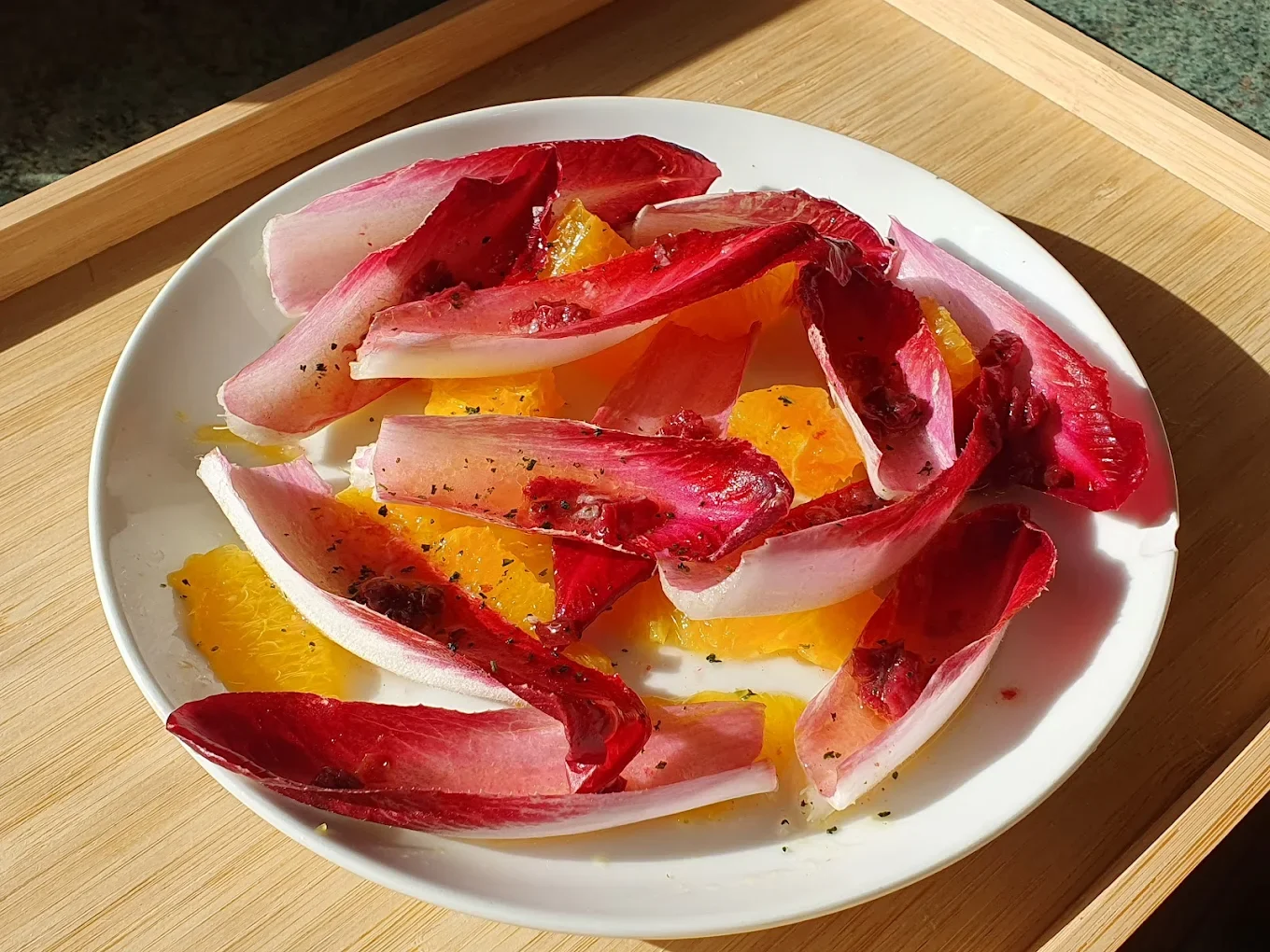 Seasonal dish served on a wooden tray