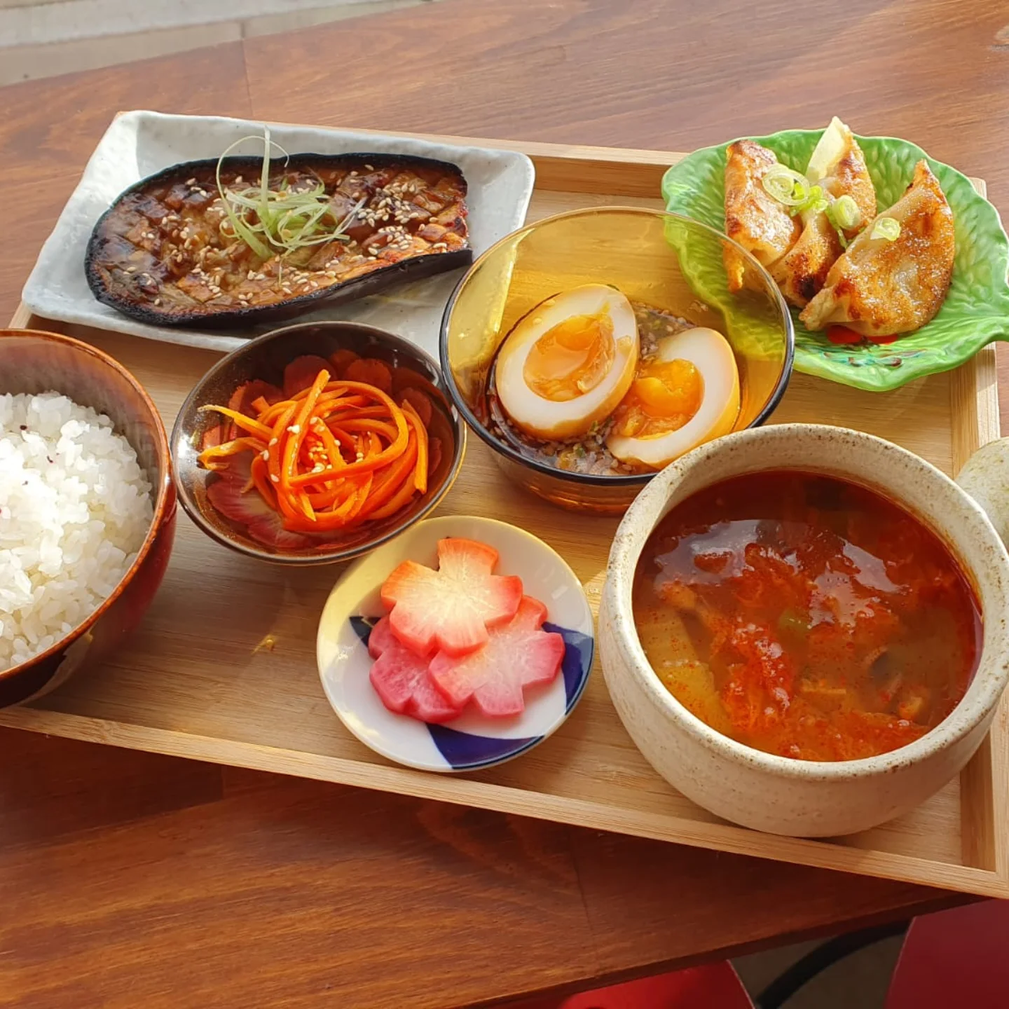 Japanese set meal with vegetable side dishes